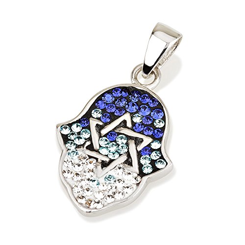 Collier Hamsa argent sterling pendentif cristaux bleu véritable