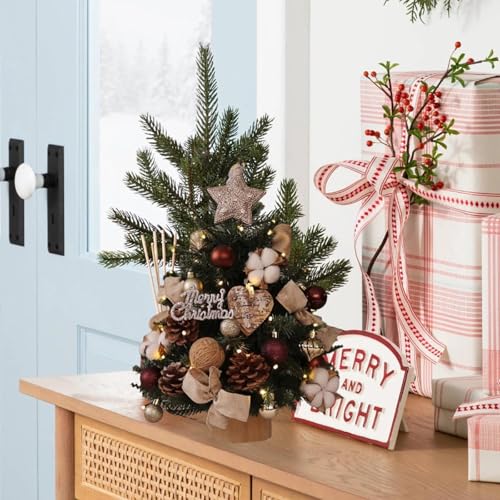 Garende Mini árvore de Natal de mesa para mesa com luzes, com enfeites de bolas, pequena árvore de N