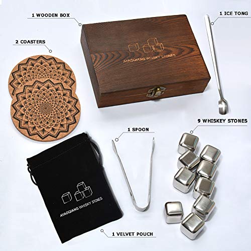 Whiskey Stones,Reusable Chilling Stainless Steel Whiskey Rocks,Ice Stones Set of 9,Come with Stainless Steel Tongs,Storage Pouch and Classy Coasters by AYAOQIANG - Thumbnail 3