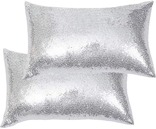 Image of Eternal Beauty Silver 2 PCS Rectangular Sequin Cushion Covers 12 x 20 Inch, Sparkle Throw Pillow Case for Home Decor Party with Invisible Zipper (30 x 50 cm)