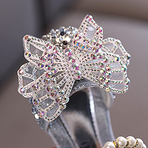 Girls White Dress Shoes Spring and Summer Girls Sandals Dress Performance Dance Shoes Pearl Rhinestone Bow Shoes (Silver #1, 9 Toddler)4