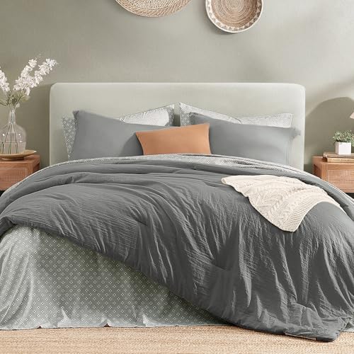 Monbix King Size Comforter Set - 7 Pieces Granite Grey Prewashed Bed in a Bag King Bedding Sets with Comforters, All Seasons Ultra Soft Comforter Bed Set with Sheets,Pillowcases & Shams