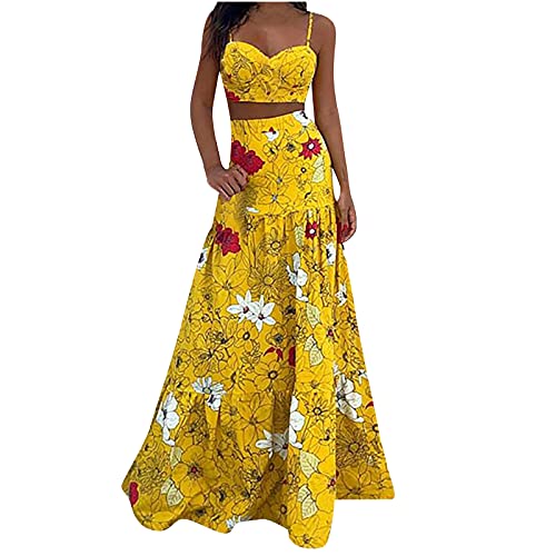 LADIGASU Two Piece Dress for Women Bohemian Outfits Sexy Cami Crop Top + Floral Long Skirt,Yellow,XX-Large