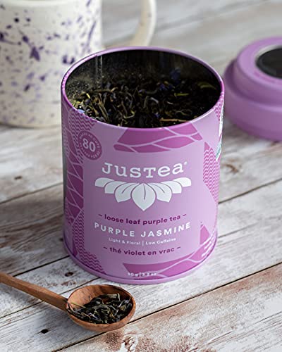 Justea Purple Jasmine | Loose Leaf Purple Tea | Tin With Hand Carved Tea Spoon | 40+ Cups (3.2Oz) | Low Caffeine | Award-Winning | Fair Trade | Non-Gmo #TOP6