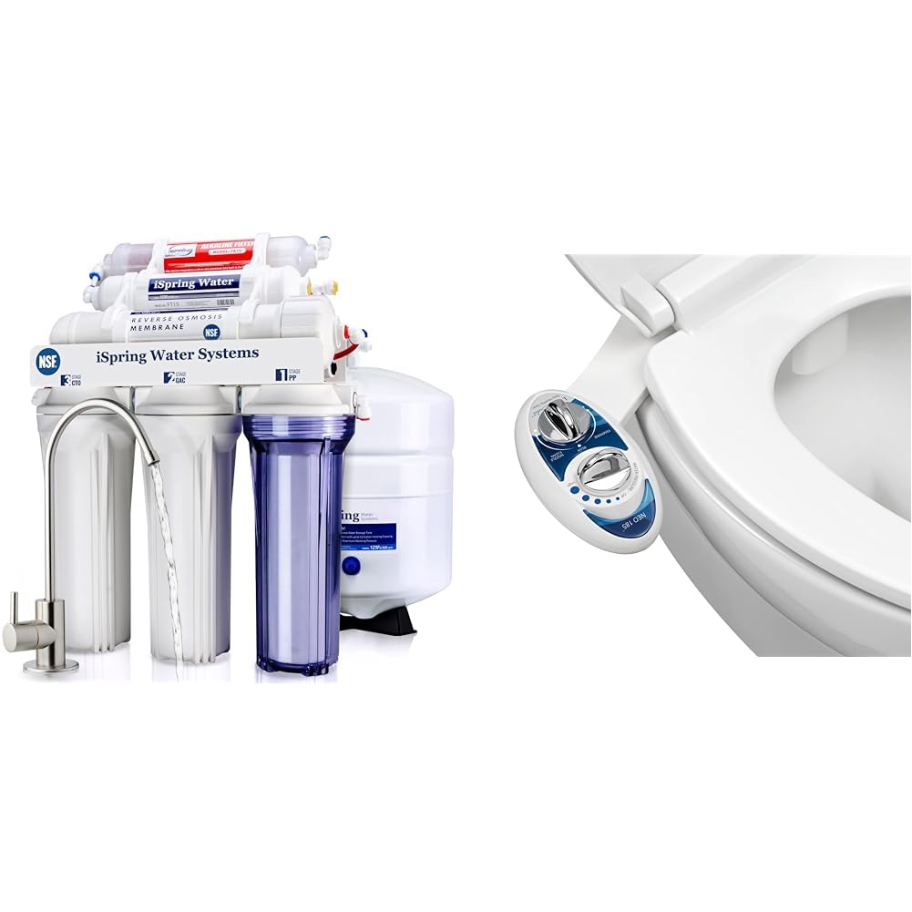 iSpring RCC7AK 75 GPD 6-Stage RO Water Filter Luxe Bidet NEO 185 Self-Cleaning Dual Nozzle Bidet Toilet Attachment