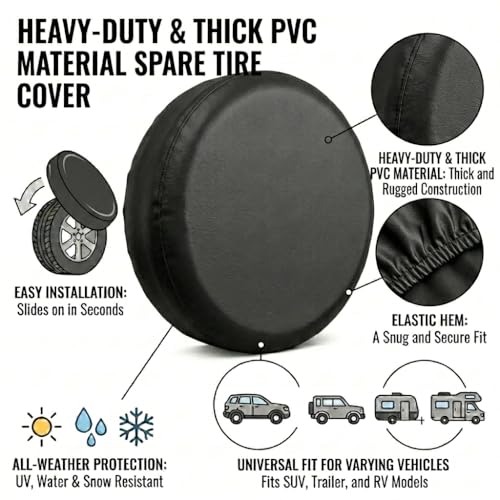Image of Spare Tire Cover 18 Inch for /Off-Road /Trailer /RV, Heavy Duty Waterproof PVC,UV Resistant,Fits Tires Diameter 33-35 Inch,Snug Fit Elasticized Back Hem,Black