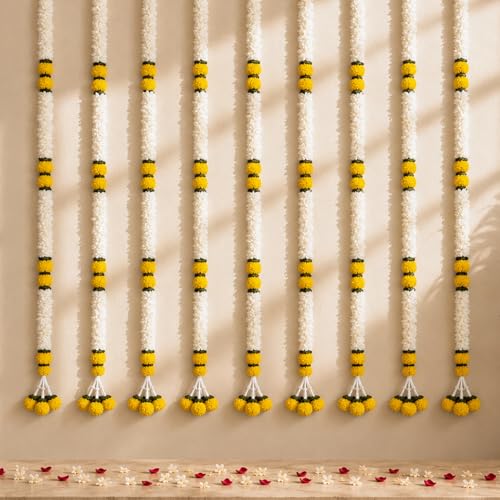 LOVENSPIRE Artificial Jasmine Marigold Garland for Festive Decorations - Indian Flowers for Wedding Diwali Day of the Dead Outdoor Wall Hanging & Indoor Home Decor 1.5Feet / 2Strings