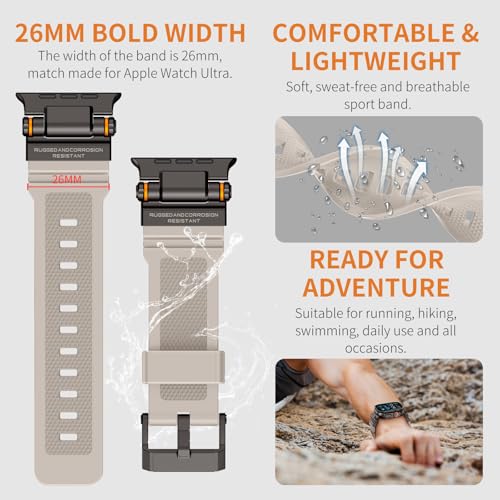 Image of FOAMUNOC Rugged Band Compatible with Apple Watch Ultra 3 /2 /1 Band 49mm /46mm /45mm /44mm /42mm, Metal Connector with Strap for iWatch Ultra Series 11 /10 /9 /8 /7 /6 /SE3 /SE2 /SE /5 /4 /3 /2 /1, Starlight /Black