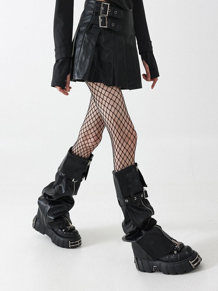 Gothic Leg Warmers for Women PU Leather Punk Zipper Baggy Flared Leg Cover with Eyelet Straps