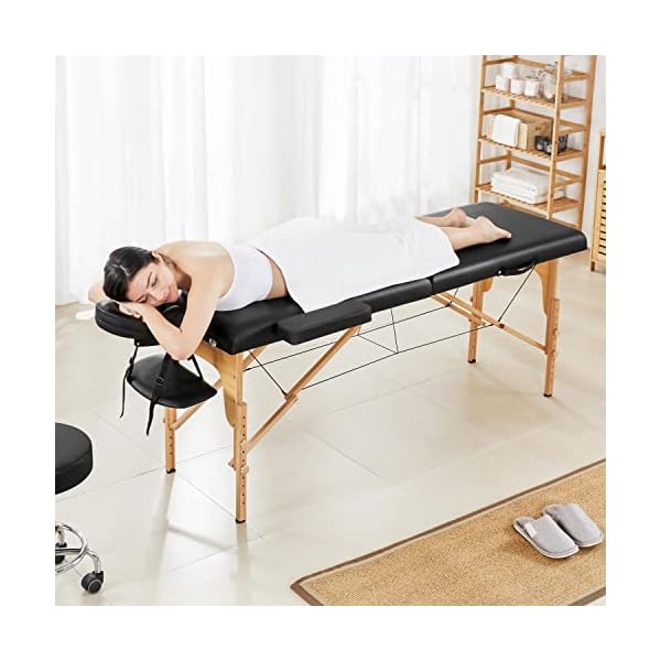 Yaheetech Table de Massage Portable Pliable à 2 Zones Charge 250 kg en Bois Hêtre Hauteur Réglable avec Appuie-tête Amovible Sac de Transport 213 x 60 cm/Noir