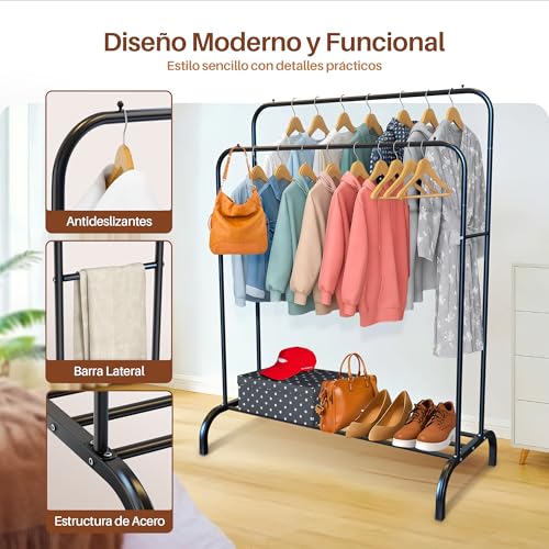 Miniatura 4 de Portentum Perchero Burro Ropa Resistente De Acero Hasta 35 Kg Organizador Con Doble Barra Y Zapatero Percheros De Pie Con Pies Antideslizantes Tapas Anti-Caída Para Perchas Montaje Rápido