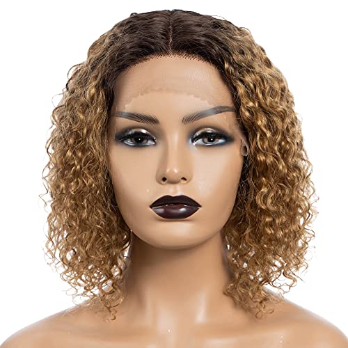 Joedir Short Curly Bob Wig Kinky Curly Lace Front Wigs for Woman Jerry Curl Human Hair Wig Pre Plucked Hairline with Baby Hair(Ombre Light Gold)