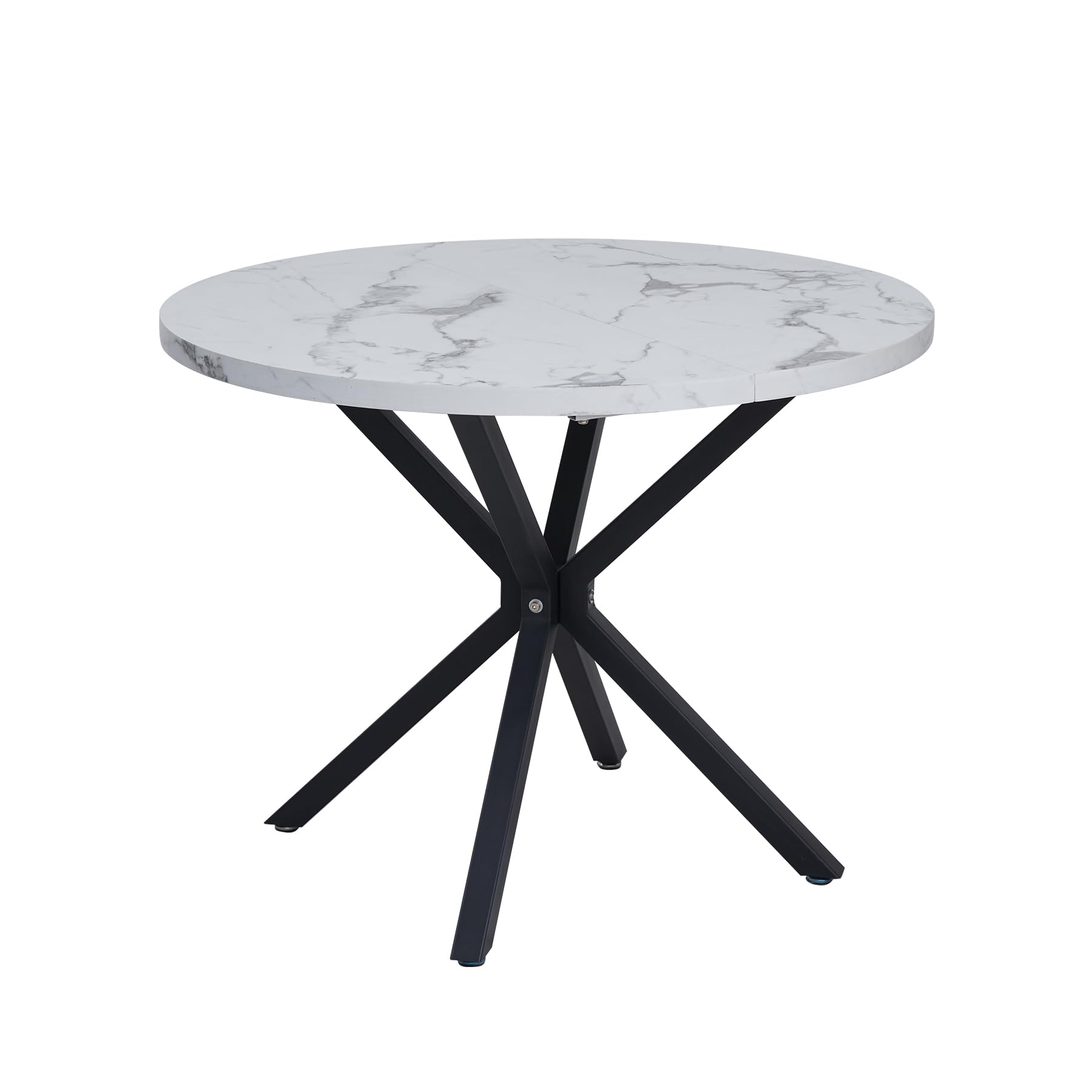 GrandCA HOME Table de Salle à Manger Ronde avec Plateau Effet Marbre Moderne, Table de Cuisine avec Quatre Pieds en Métal, pour Salle à Manger, Salon,Blanc + BKL