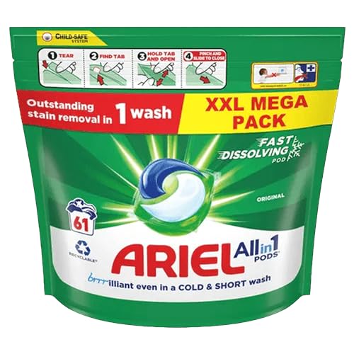 Ariel All-in-1 PODS®, Waschflüssigkeit Waschmittel Kapseln 61 Waschgänge, Original, hervorragende Fleckenentfernung in 1 Waschgang, brrrilliant in kalt & kurz