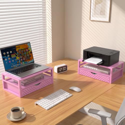 Image of WALI Desk Organizer with Drawer,Computer Monitor Stand with Storage, Desk Organizers and Accessories for Computer, Printer, Laptop Riser for Home Office Supplies, (PTT005-P), 1 Pack, Pink