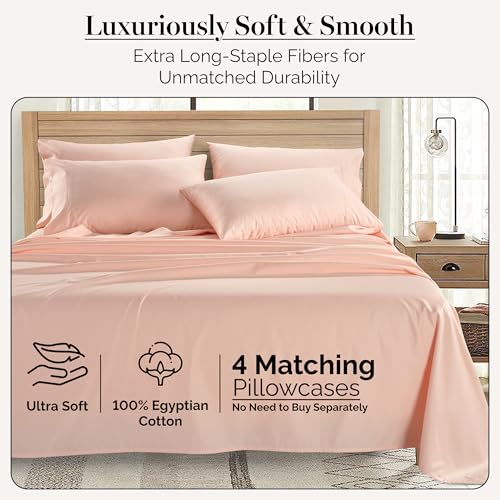 Casa Platino 100% Egyptian Cotton Sheets Full Size Set - 6 Pcs (1 Flat, 1 Fitted, 4 Pillowcases)- Ultra Smooth Sateen Weave Bed Sheets Set with 15" Deep Pockets - Veiled Rose