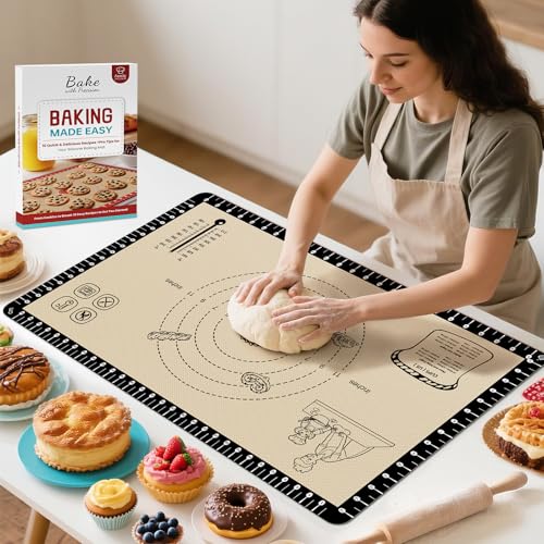 Image of Silicone Baking Mat with 10 Recipes, Extra Thick Silicone Mats for Baking, Non Stick Pastry Mat,Reusable kneading Dough Rolling Mat for Cookie, Macaron, Bread, Pizza