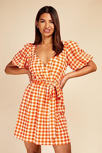 Little Mistress Orange Gingham Puff Sleeve Mini Wrap Dress, 16 - Image 4