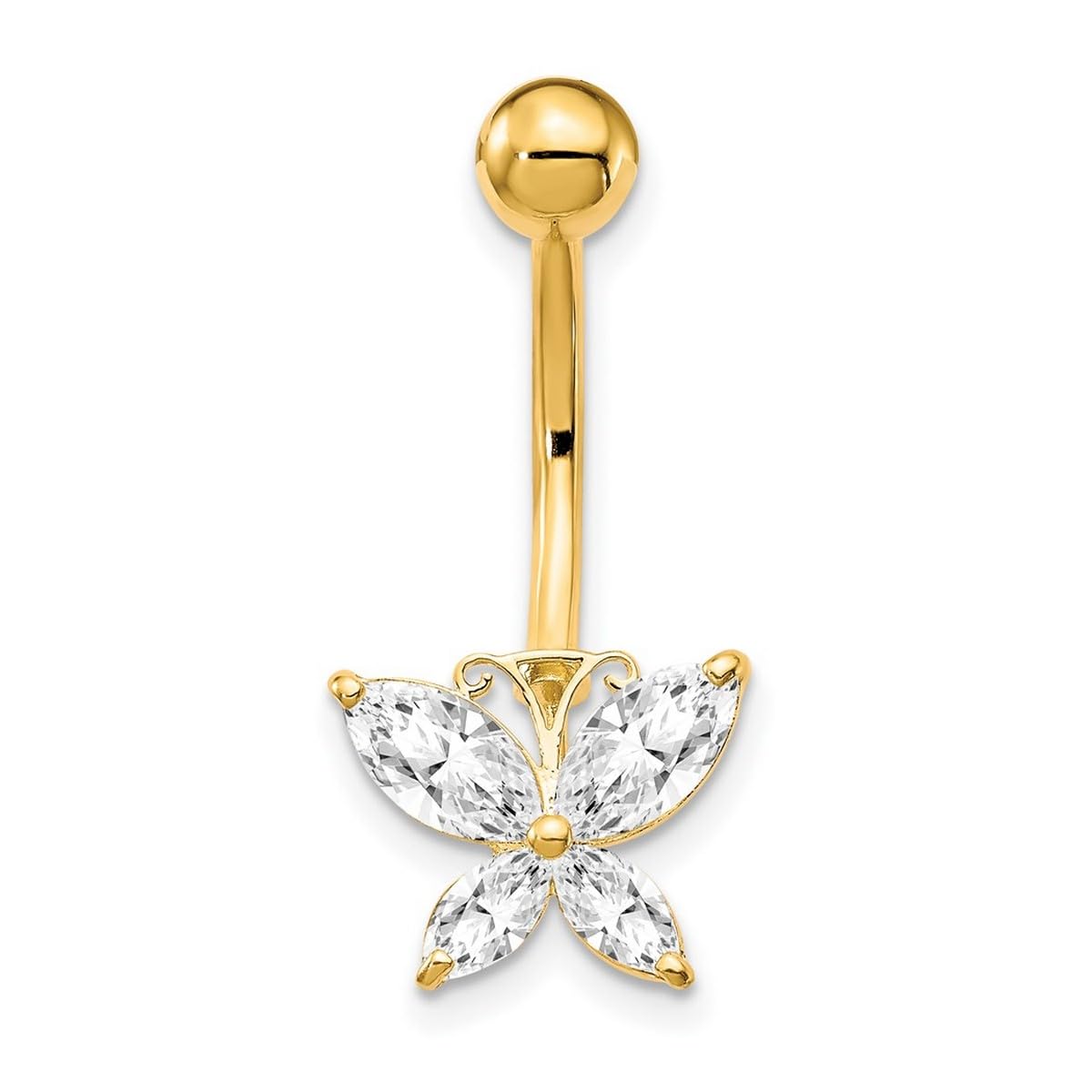 Bauchnabelring aus 10-karätigem Gelbgold, poliert, offener Rücken, Schraubverschluss mit großem Zirkonia, künstlicher Diamant, Schmetterlingsflügel, baumelnder Schmuck, Geschenke für Frauen – hochwertiger als 9 Karat Gold