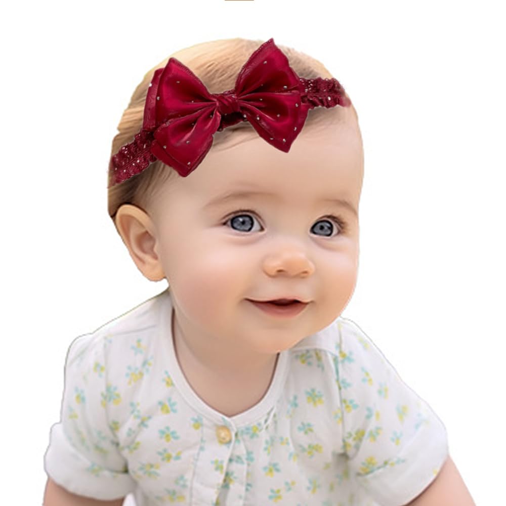 Lace Bow Baby Girl Headband Cute Gauze Bow-Knot Hair Band Elastic Turban Head Wrap Soft Lace Rhinestone Crystal Hair Accessory for Newborn Infants Toddler (Red, Standard size) - Image 7