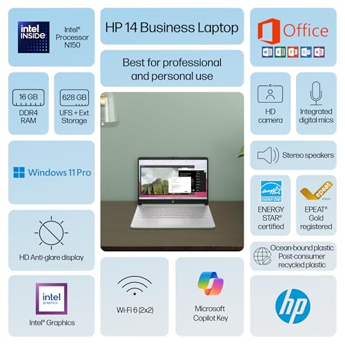 Image of HP Ultrabook 14 Laptop Computer Business Study & Home 2025, Lifetime MS Office + Windows 11 Pro, Quad-Core Intel CPU, 16GB RAM & 628GB Storage (128GB UFS+500GB Ext), Wi-Fi 6, HubxcelAccessory, Geeen