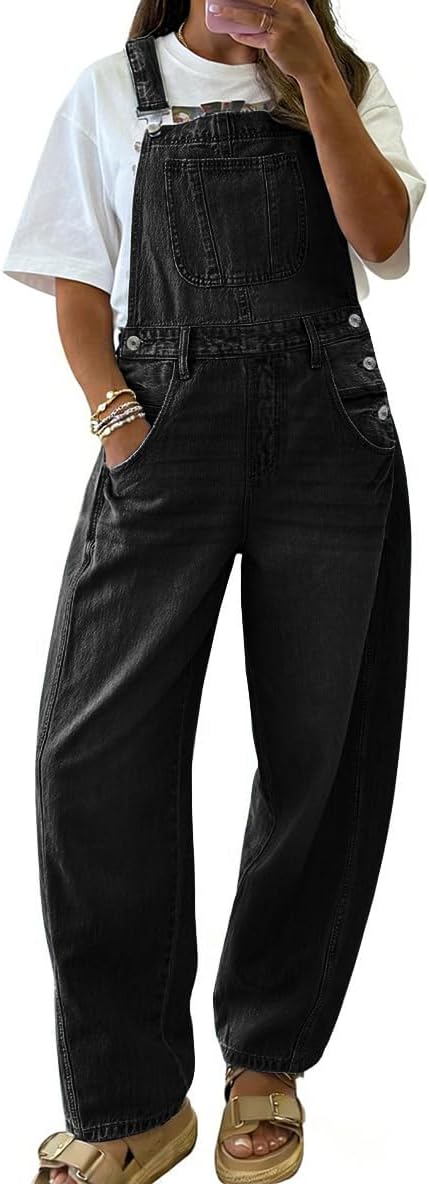 chouyatou Women's Baggy Adjustable Strap Denim Bib Overalls Barrel Jeans Casual Loose Wide Leg Denim Pant Jumpsuits