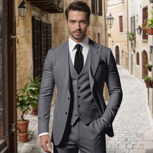 Mens Suit Slim Fit 3 Piece Peak Lapel Two Button Blazer Vest Pants Set Wedding Formal Business Prom Party Suit2
