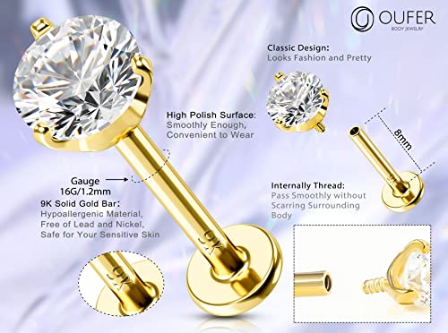 Oufer Lip Rings Stud, 16G 9K Solid Gold Internally Thread Lip Piercing Jewelry, Clear Cz Helix Tragus Conch Lobe Labret Piercing Jewelry #TOP3