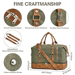 S-ZONE Weekender Bag for Men Canvas Duffle Overnight Travel Bag Army Green | Anti-wrinkle Canvas, Adjustable Shoulder Strap, 1 Main Large Compartment and 7 Pockets, with Shoe Compartment — photo 5 of 6