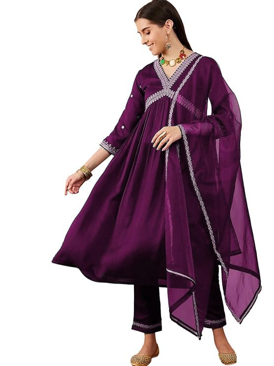 Lookmark Women's Embroidered Georgette Alia Cut Kurta Pant Dupatta Set - Trendy And Elegant Ethnic Wear For Women (Az-Lm-Og-Ks2111-L) Purple