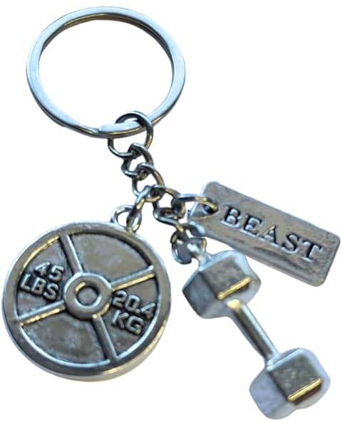 FKC Dumbbell & 45 Lbs Weightlifting Plate Silver Keychain & Motivational Tag