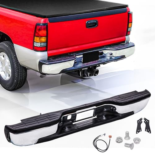 Rear Steel Step Bumper Assembly for 1999 2000 2001 2002 2003 2004 2005 2006 Chevy Silverado/GMC Sierra 1500 2500 Chrome Back Bumper Replacement for GM1103122 with Pad Brackets and License Plate Lights