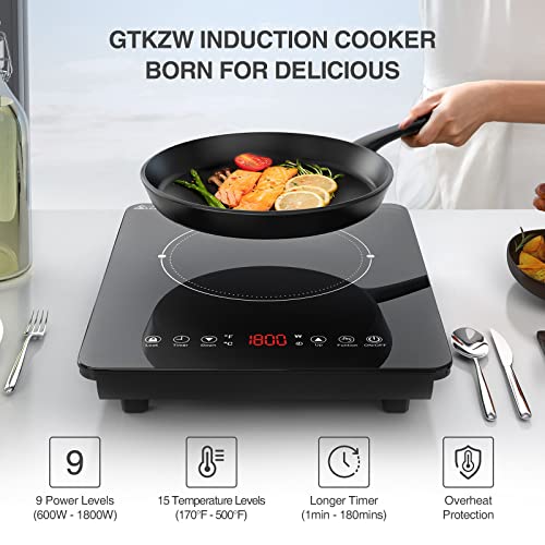 GTKZW Portable Induction Cooktop, Single Burner Electric Cooktop 110v Hot Plates Countertop Burner 1800W,9 Power & 9 Temperature Settings, Child Lock,Timer,Suitable for Magnetic Pans - Image 6