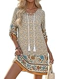 HOTOUCH Cruise Outfits for Women 2026 Casual Dress Ethnic Dress Shift Dress Mini Dress Long Sleeve Floral Summer A Line Dress Apricot XXL