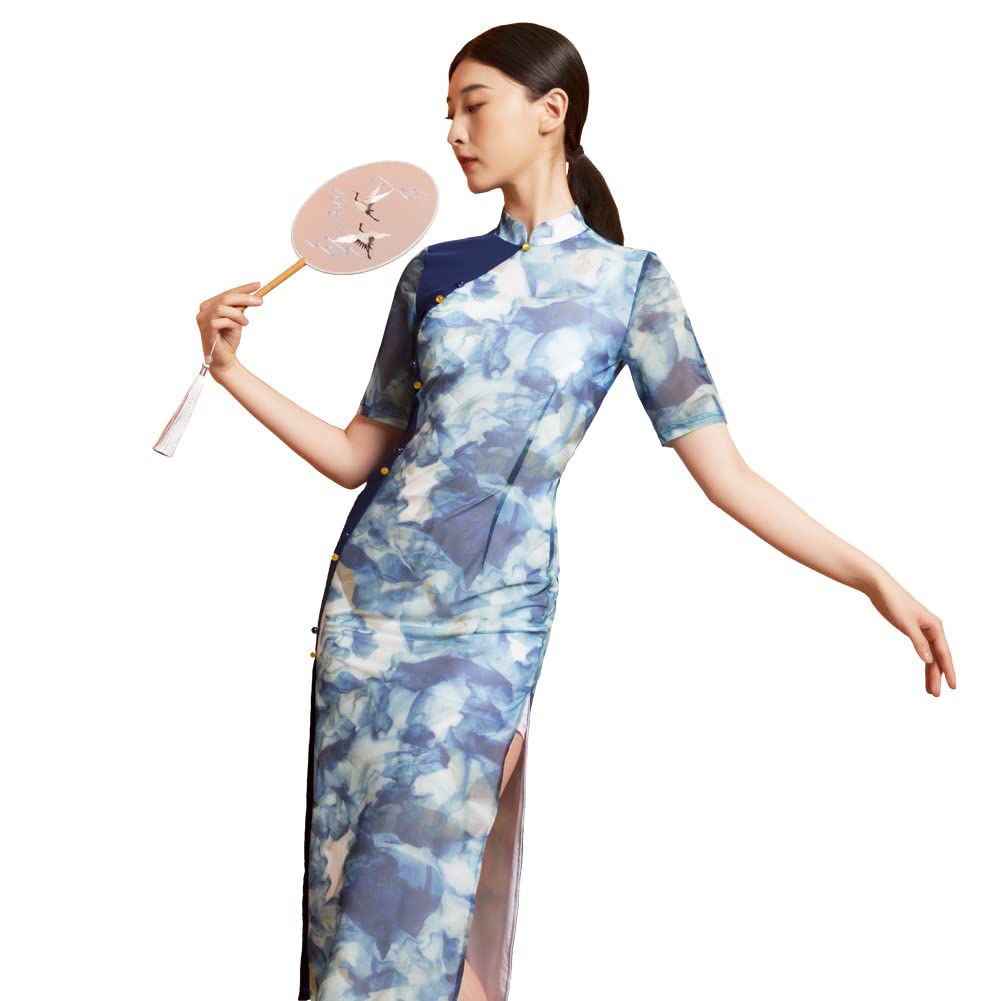 ROYAL SMEELA Abito Cinese Blu Qipao Abito Cinese Tradizionale Donne Vestito Stile Cinese Cheongsam Fiore Maniche Corte Abiti Tradizionale Cinese Fiore Stampa Abito da Sera Cocktail Abito da Festa