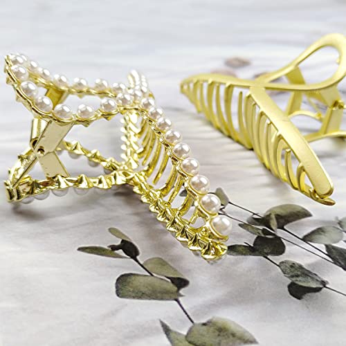 Large Metal Hair Claw For Women With Pearls 4.3 Inch Non-Slip Hair Clips Thick Hair Threaded Gold Claw Clips Shining Strong Crab Claws Cross Hair Barrettes 2 Pack (Matte Gold+Pearl Gold ) #TOP3