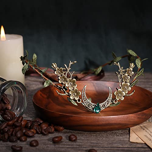 Mostory Woodland Elf Crown Headpiece Moon Circlet Tiara Peach Flower Fairy Headband With Crystal For Women Girls Elven Cosplay Costumes Hair Accessory Renaissance Weeding Party Bronze Green #TOP3