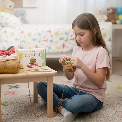 Image of A-URA Learn to Crochet Kit for Beginners Kids and Adults, Premium Pattern Sunflower Beginner Crochet Kits with Easy Tube Yarn & Step-by-Step Video Tutorials (Hanging Pot Plant)