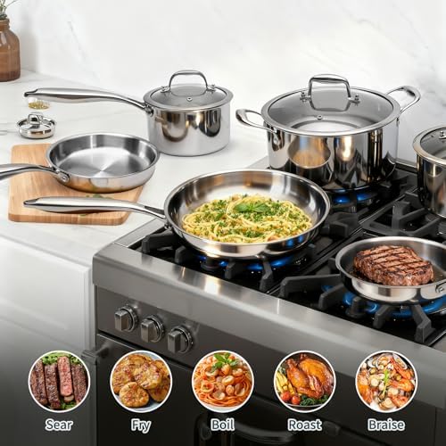 3 Ply Stainless Steel Cookware Set, AIVIKI 10-Pieces Pots and Pans Set, Induction Kitchen Cookware Set, Oven Safe to 500℉, Chef Quality Cooking Set w/Fry Pans, Saucepans, Dutch Oven, Kitchen Essential - Thumbnail 2