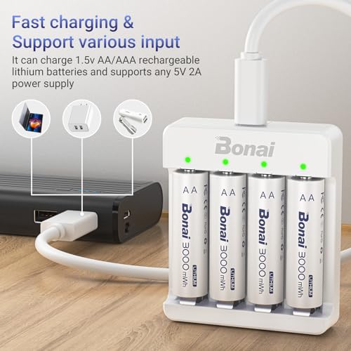 Image of BONAI Rechargeable Lithium AA Batteries with Charger, 3000mWh 1.5V AA Batteries for Blink Camera 8 Count with 2H Fast Charge- Blue