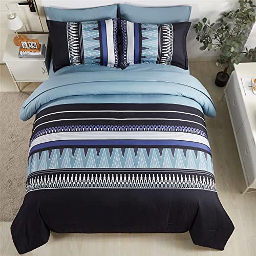 Kakijumn 7 Piece Bed In A Bag Boho Comforter Set King Size, Black White Blue Patchwork Chevron Striped Comforter And Sheet Set, All Season Soft Microfiber Complete Bedding Sets(Black/Blue,King) #TOP2