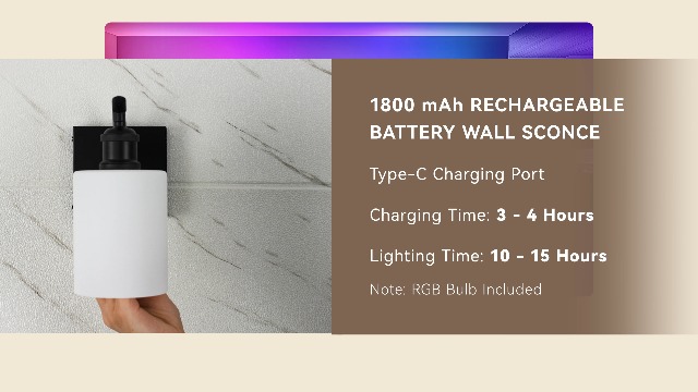 Image of 1-Light Bathroom Wall Sconce, Matte Black Modern Wall Light Fixture with Frosted Glass Shade RGB Bulb, RGB 12 Colors Modes Rechargeable Wall lamp for Bedroom Living Room, ZCVL01BK-1B