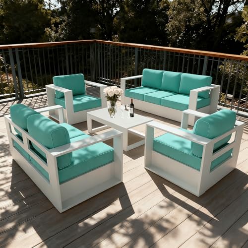 Image of LayinSun Oversized Aluminum Outdoor Furniture Set, 5 Piece Patio Sofa Sets with Coffee Table, Deep Seating and Upgraded 6-inch Cushions for Porch, Balcony, Deck
