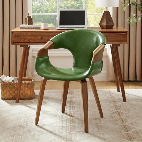 Zouron - Silla de comedor moderna de mediados de siglo, sillón verde de piel sintética y madera curvada, respaldo completo, ergonómico, 265 libras, paquete de 1