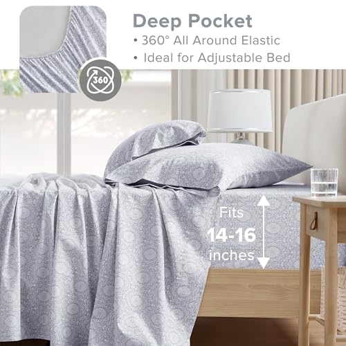 Comfort Spaces 100% Cotton Sheets Queen, Breathable, Naturally Cool Cotton Sheets, Soft Cotton Bed Sheets with 14" Elastic Pocket Fits up to 16" Mattress, All Seasons Sheet Set, Adelia Gray 4 Piece