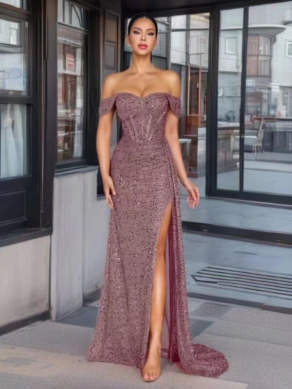 Bekvamlighet Off Shoulder Sequin Prom Dresses with Slit 2025 Women's Long Sheath Formal Evening Dress Party Gown3