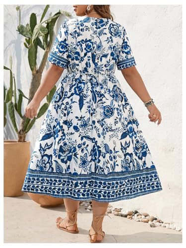 Image of Floerns Women's Plus Size Boho Hawaiian Tropical Dresses V Neck Short Sleeve Floral A Line Long Dress Vacation Beach Outfits