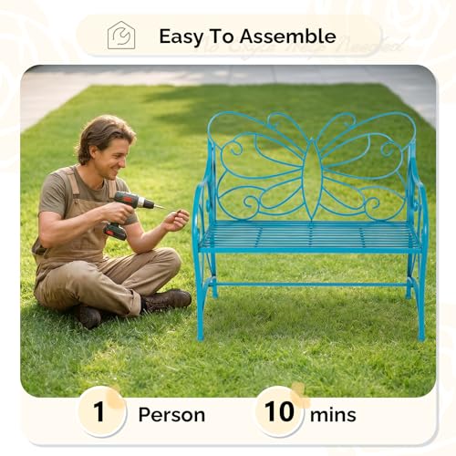 Image of VINGLI 38.7in Cast Iron Outdoor Bench with Cushion, All Weather Resistant Metal Bench with Curved Armrests and Butterfly Pattern Backrest, 1-2 Person Patio Bench for Garden Porch Park Yard (Blue