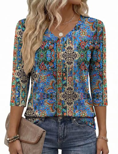 Image of Zeagoo Womens Blouse Casual 3 /4 Length Sleeve V Neck Basic T-Shirts Spring Summer Cute Tunic Tops Business Work Tees