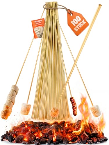 Stockbrot Spieße Lagerfeuer 90cm - 100 Marshmallow Spieße Holz Lang Grillspieße Bambus für Stockbrot Stöcke Feuerschale Zubehör Smores Kit mit Rezeptheft - 6mm Ø Stäbe